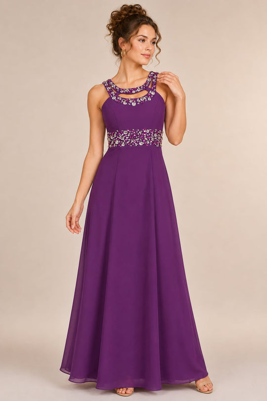 Cassandra Purple Embellished Waist Evening Dress
