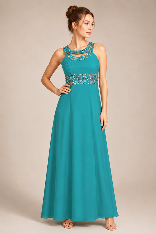 Cassandra Turquoise Embellished Waist Evening Dress