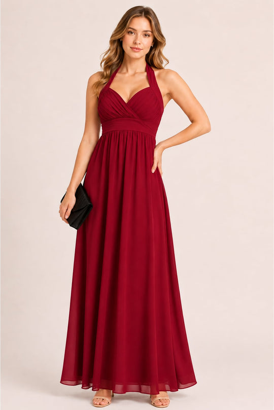 Celia Burgundy Halterneck Evening Dress