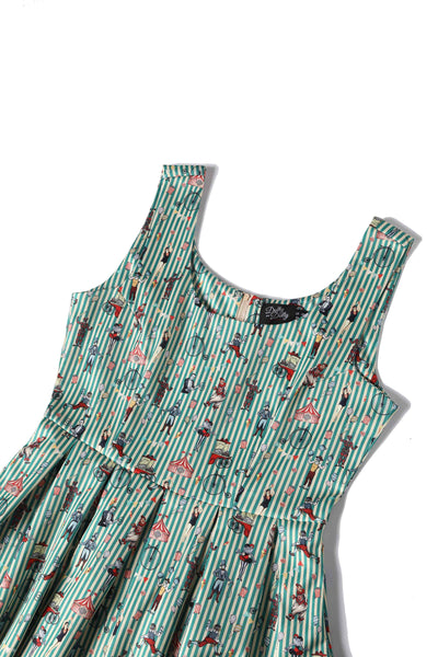 Close up View of Hedgehog and Mushroom Flared Dress in Black
