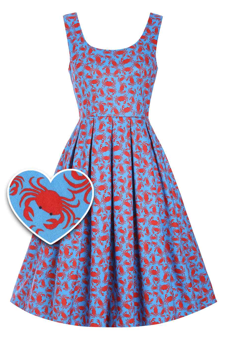 Front View of Crab Print Swing Dress in blue