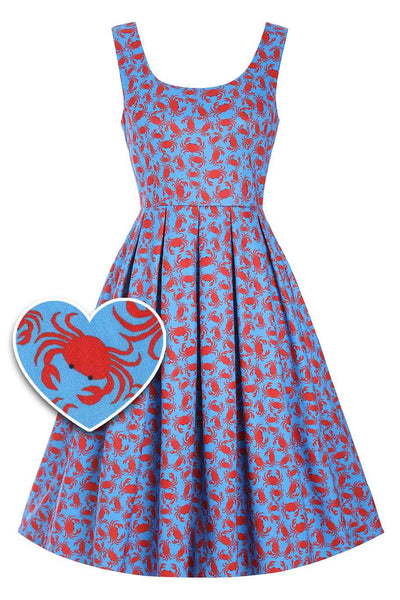 Front View of Crab Print Swing Dress in blue