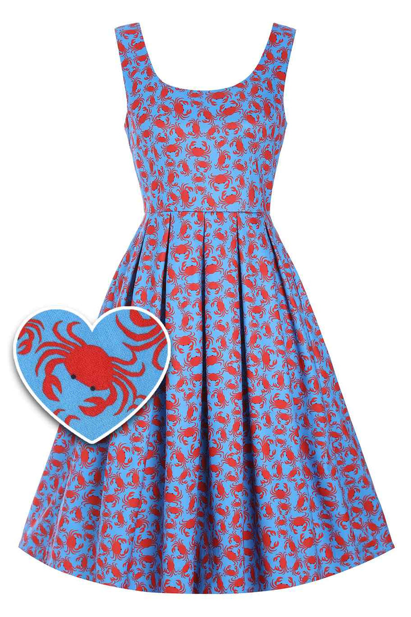 Front View of Crab Print Swing Dress in blue