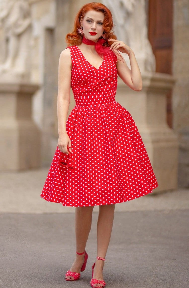 EU STOCK May Crossover Bust Red Polka Dots Swing Dress