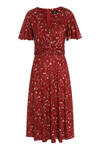 Front view of Dainty Floral Tea Dress in Burgundy