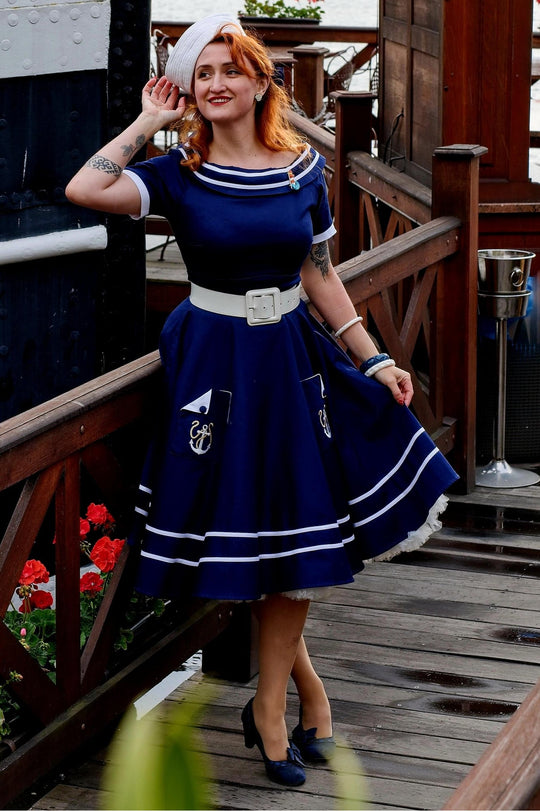 Darlene Navy Embroidered Anchor Nautical Dress