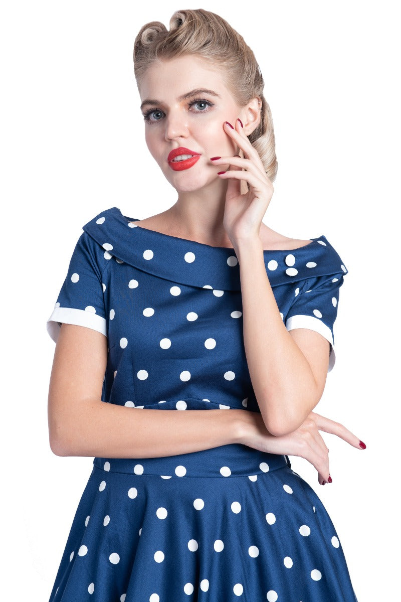 EU Stock-Darlene Rockabilly Polka Dot Dress in Navy/White