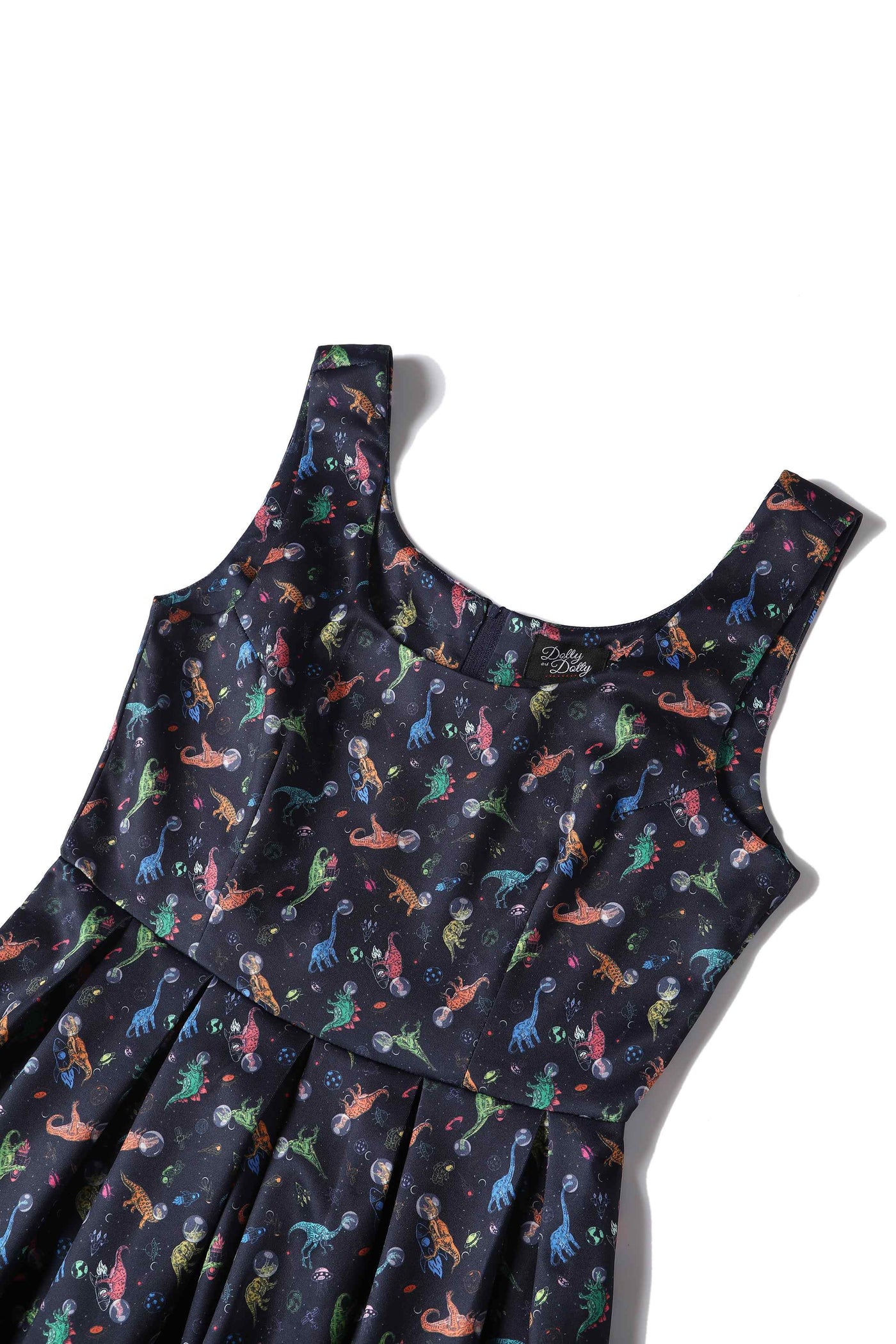 Close up View of Dinosaur In Space Flared Dress in Navy