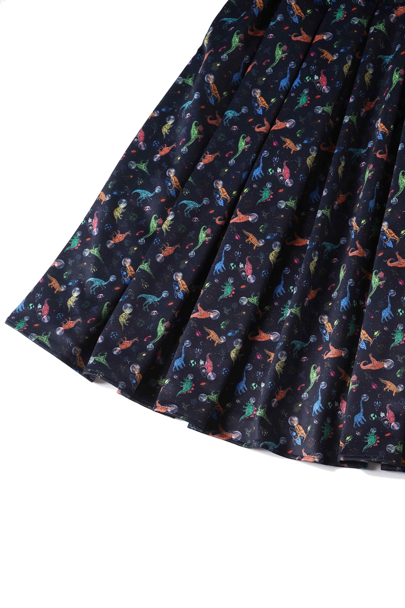 Close up View of Dinosaur In Space Flared Dress in Navy