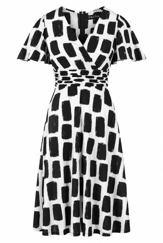 PRE ORDER Donna Black & White Square Print Wrap-Effect Flared Dress