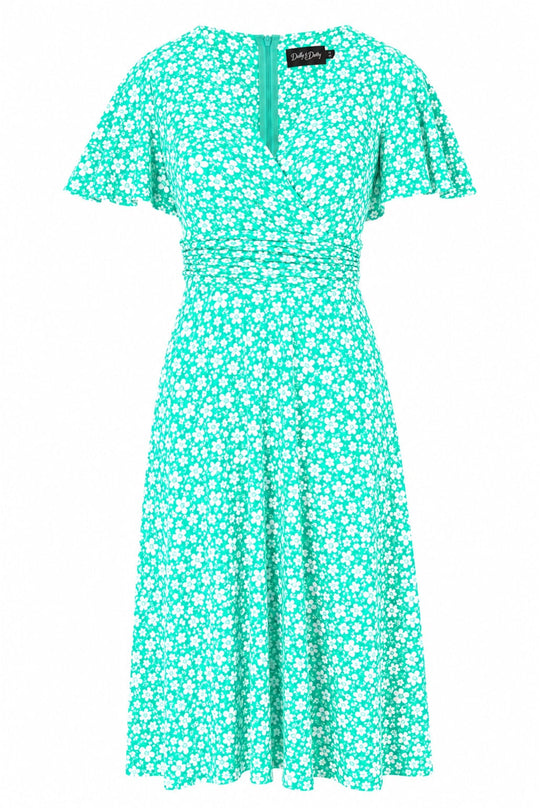 PRE ORDER Donna Bright Mint Ditsy Floral Wrap-Effect Flared Dress