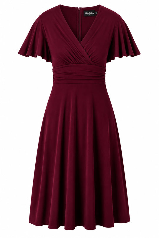 PRE ORDER Donna Burgundy Wrap-Effect Flared Dress