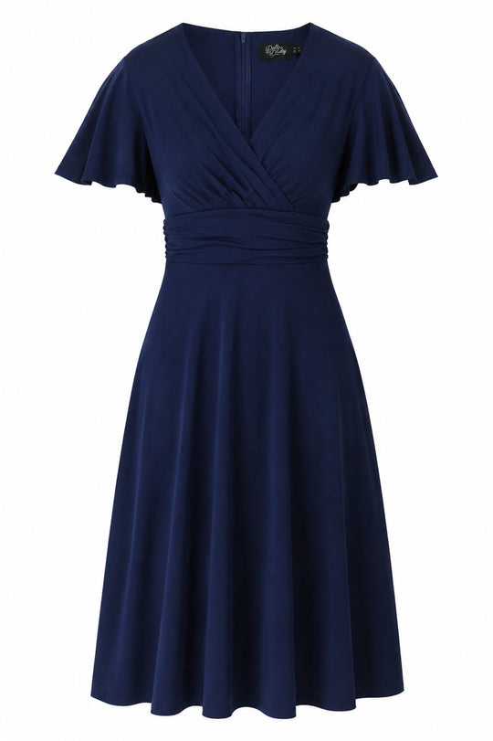 PRE ORDER Donna Navy Blue Wrap-Effect Flared Dress