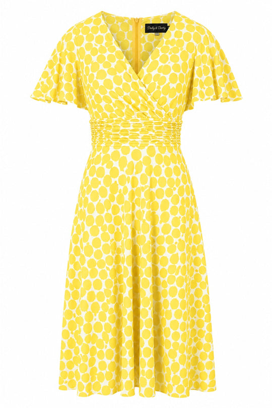 PRE ORDER Donna Yellow Polka Dot Wrap-Effect Flared Dress