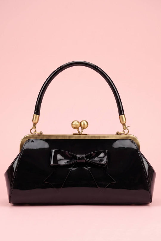 Elise Petite Black Vintage Frame Bag – Patent Bow Edition