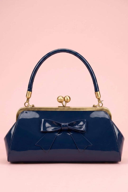 Elise Petite Dark Blue Vintage Frame Bag – Patent Bow Edition