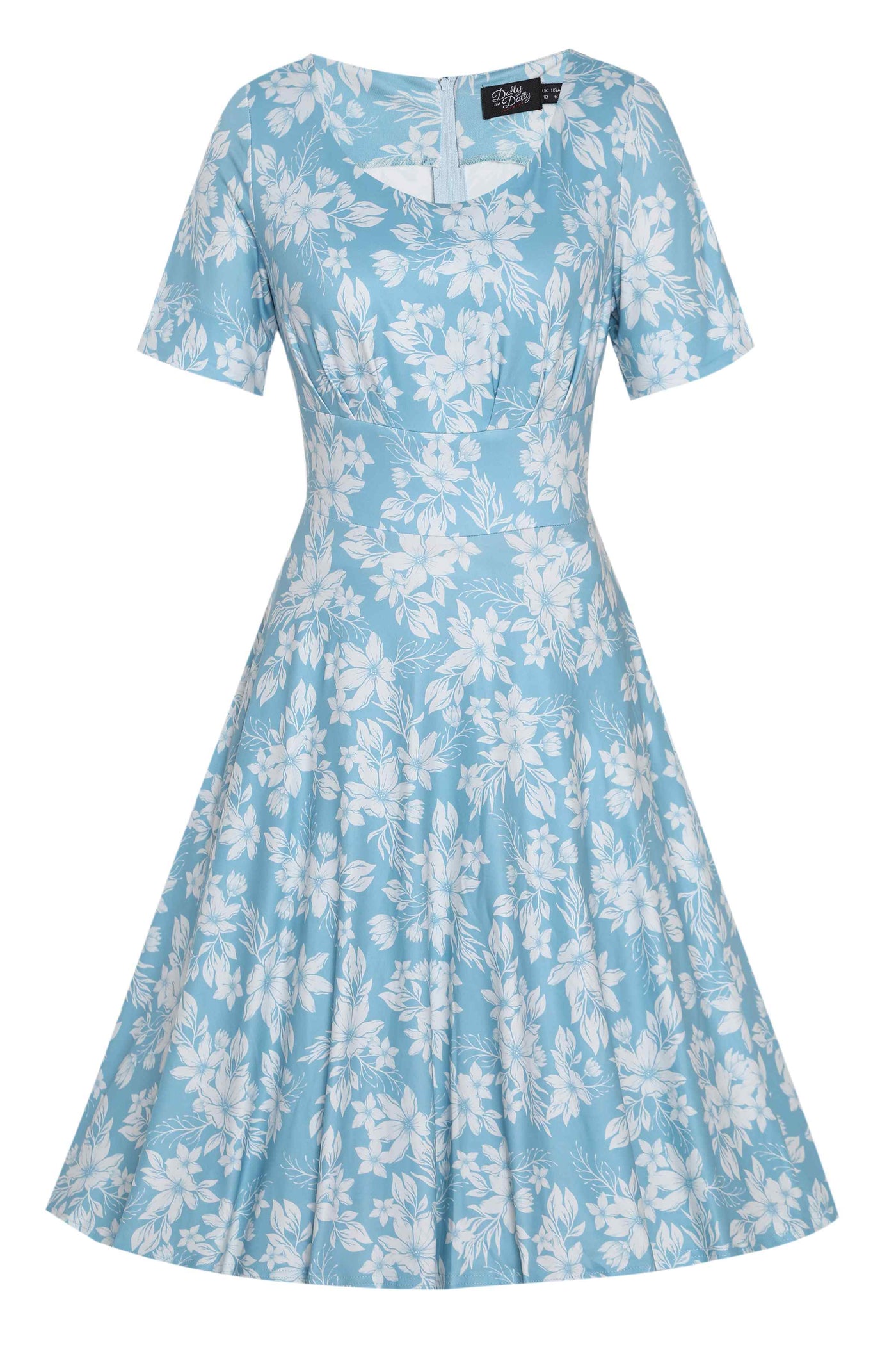 Front  View of Floral A-line Dress in Light Blue
