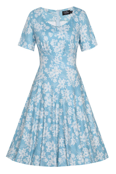 Front  View of Floral A-line Dress in Light Blue