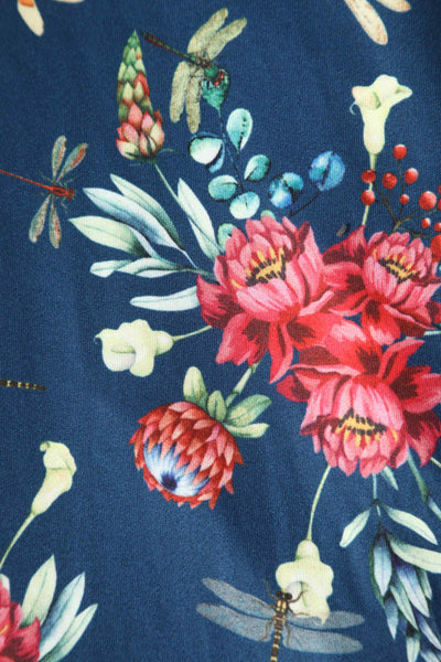 Close up View of Floral Dragonfly Navy Blue Dress