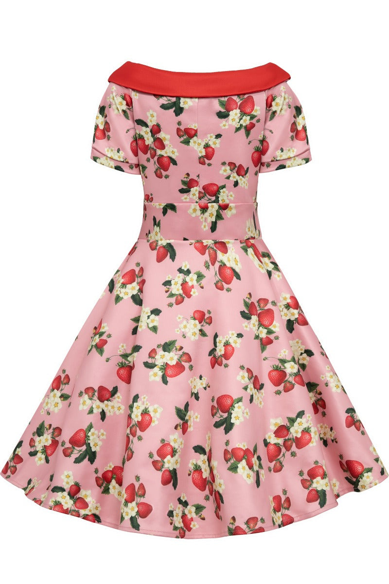 PRE-ORDER Girls Darlene 50's Inspired Swing Dress in Pink Strawberries
