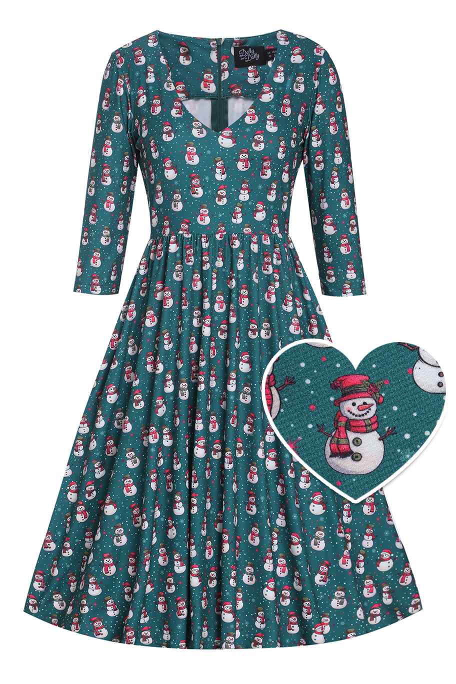 Billie Dark Green V-neckline Snowman Print Long-Sleeved Dress