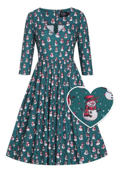 Billie Dark Green V-neckline Snowman Print Long-Sleeved Dress