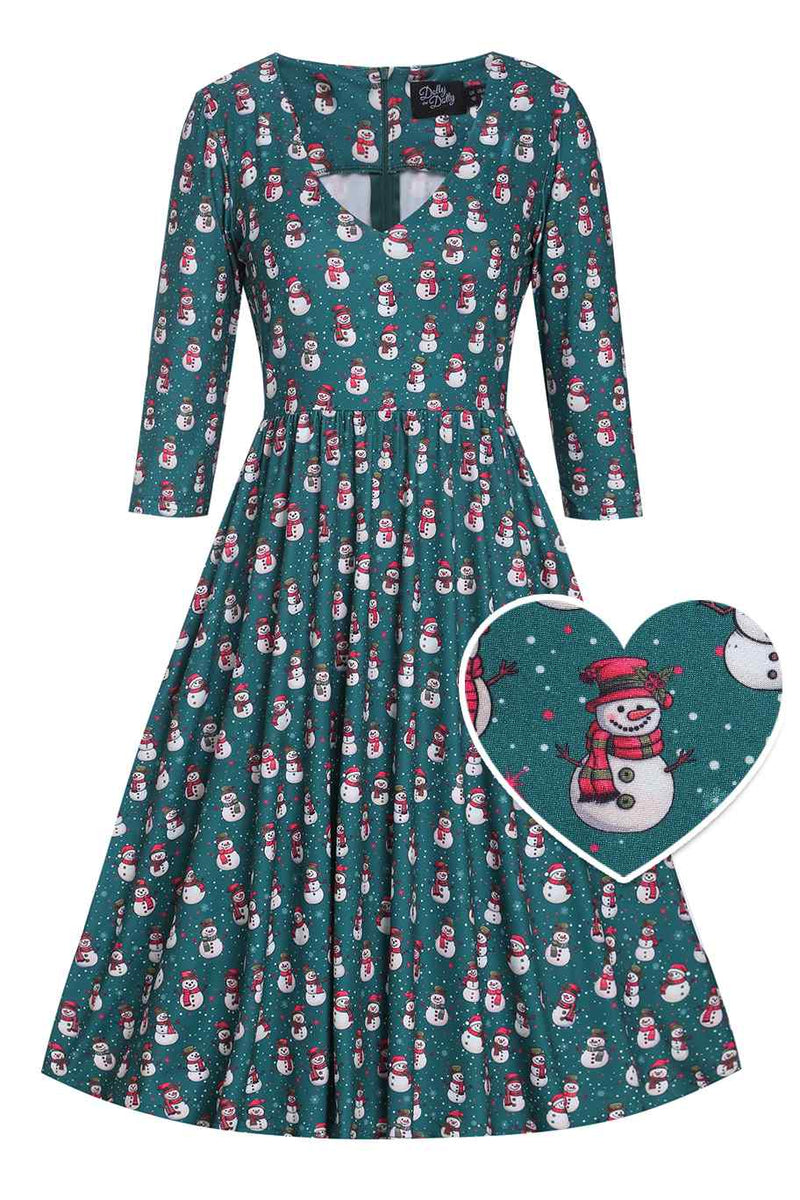 Billie Dark Green V-neckline Snowman Print Long-Sleeved Dress
