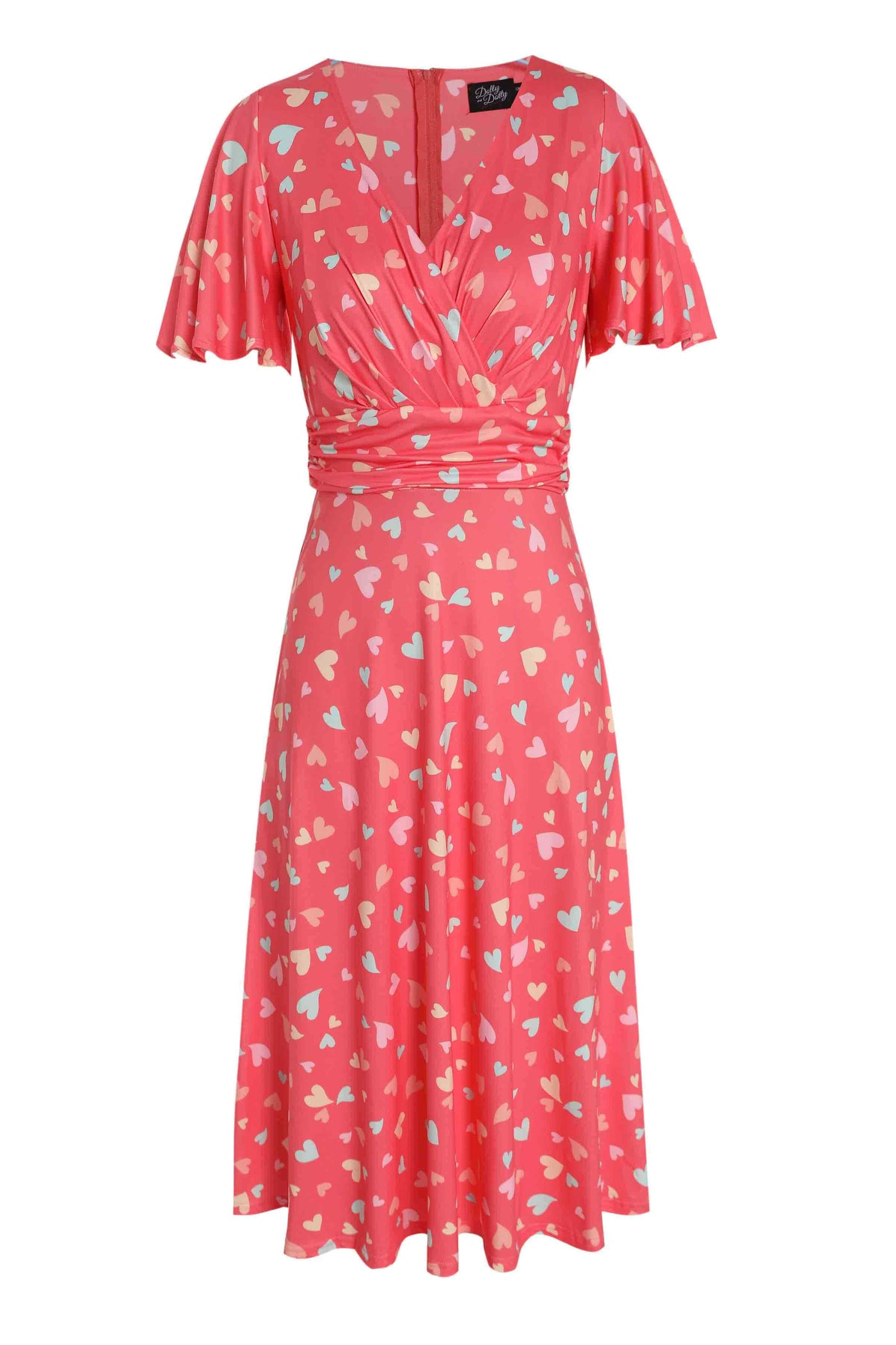 Front view of Heart Print Casual Dress in Coral