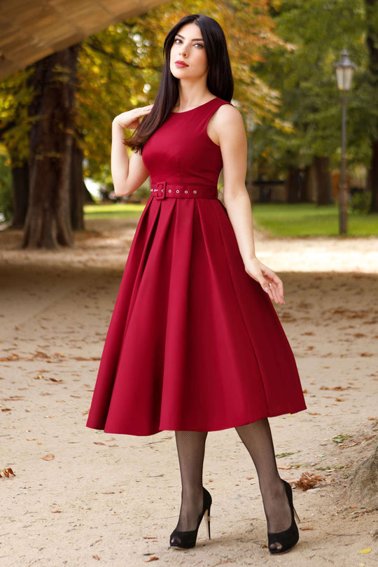 Helen Burgundy Stylish 50's Retro Swing Dress With Pockets