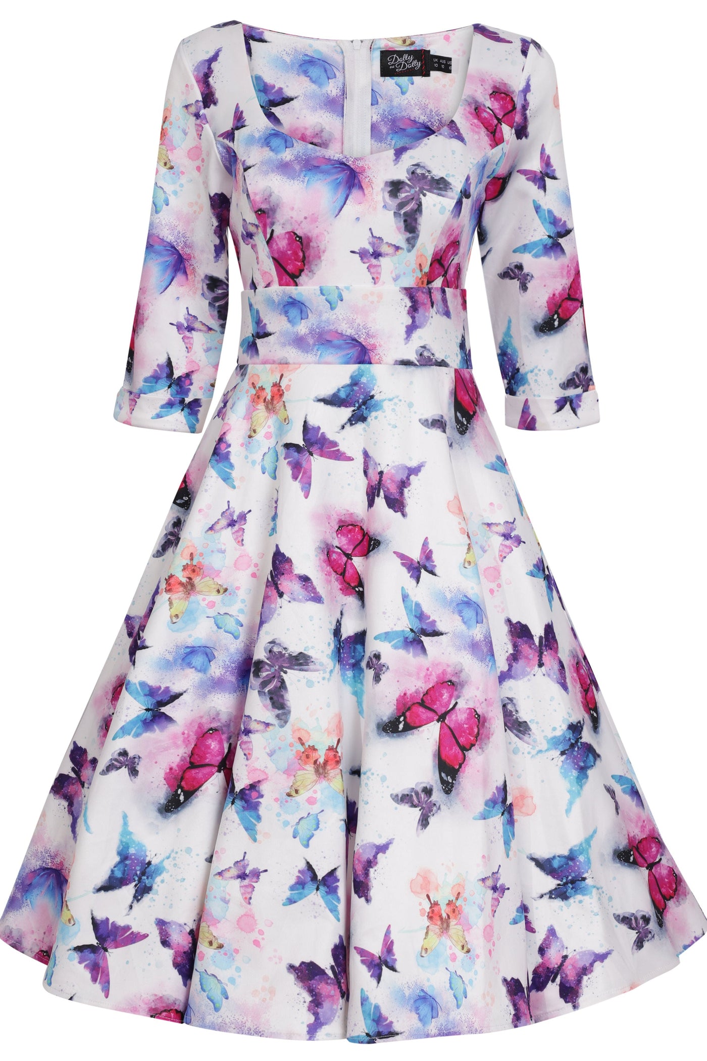 Scarlette Sweetheart Neckline Long-sleeved Stretchy Dress In White & Colourful Butterflies