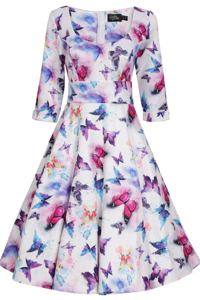 Scarlette Sweetheart Neckline Long-sleeved Stretchy Dress In White & Colourful Butterflies