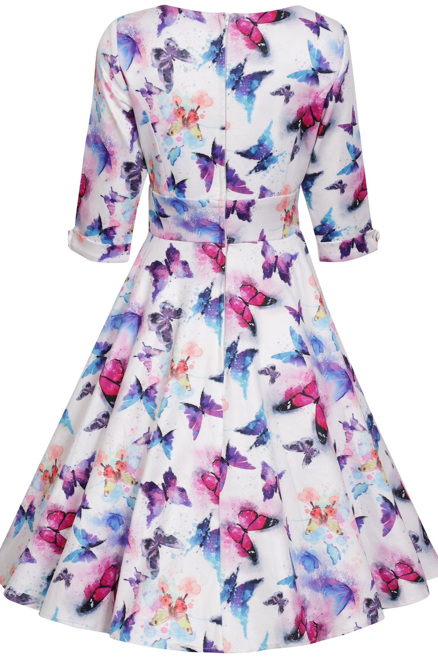 Scarlette Sweetheart Neckline Long-sleeved Stretchy Dress In White & Colourful Butterflies