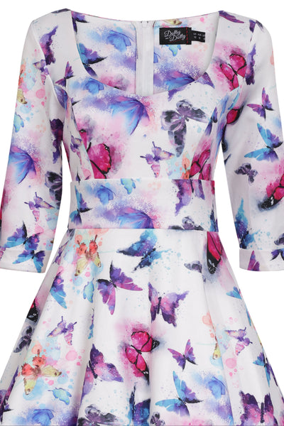 Scarlette Sweetheart Neckline Long-sleeved Stretchy Dress In White & Colourful Butterflies