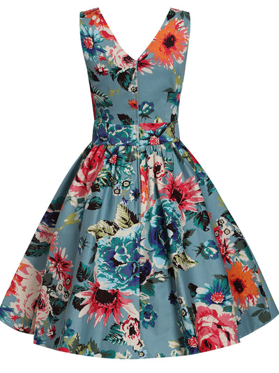 May V-neck Floral Swing Dress in Pale Blue