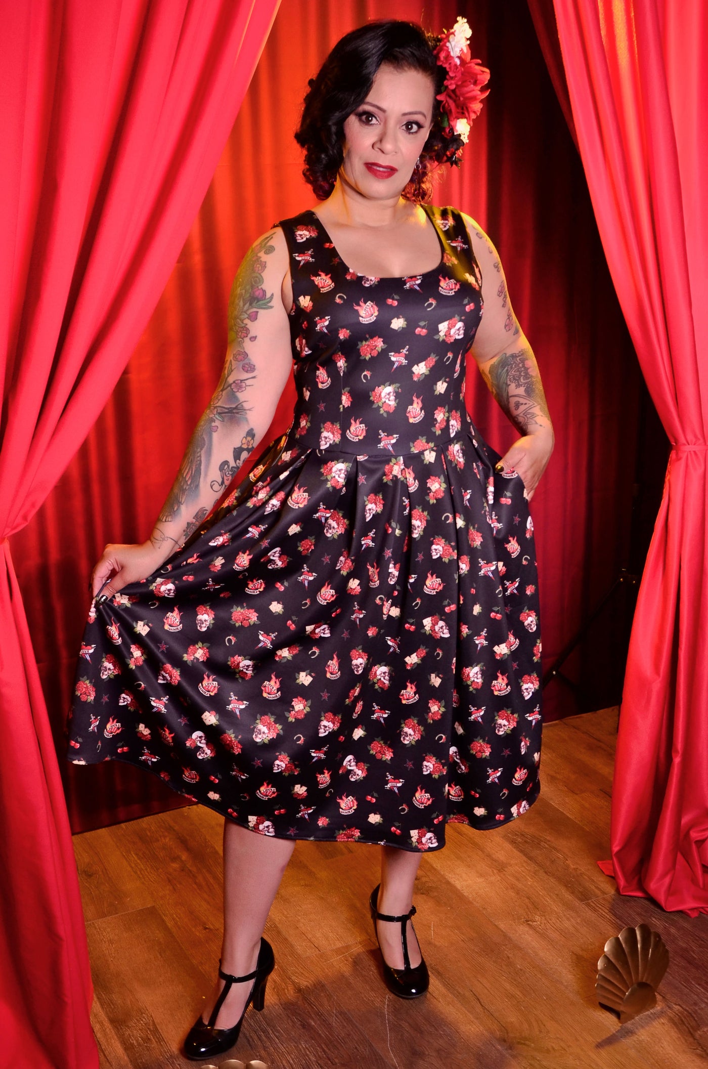 Amanda Rockabilly Skull & Rose Swing Dress