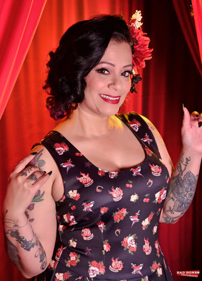 Amanda Rockabilly Skull & Rose Swing Dress