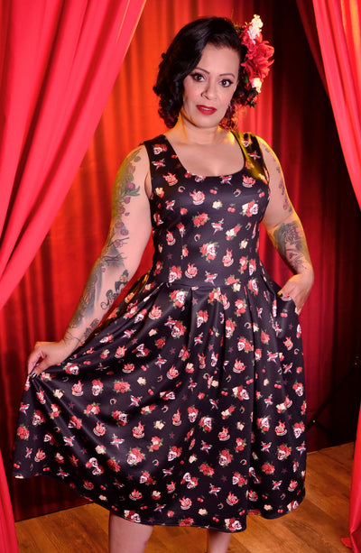 Amanda Rockabilly Skull & Rose Swing Dress