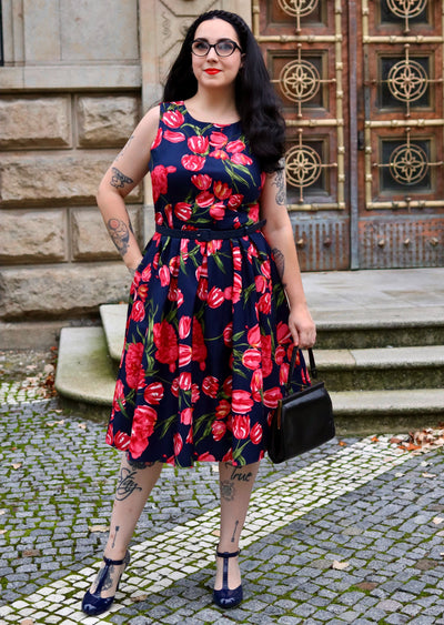 PRE ORDER Annie Retro Floral Swing Dress in Navy Tulip