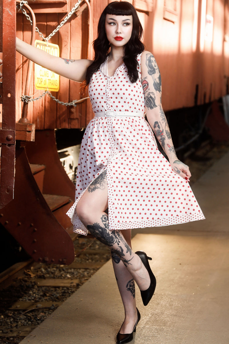 EU STOCK Maverick Red/White Polka Dot Flared Dress