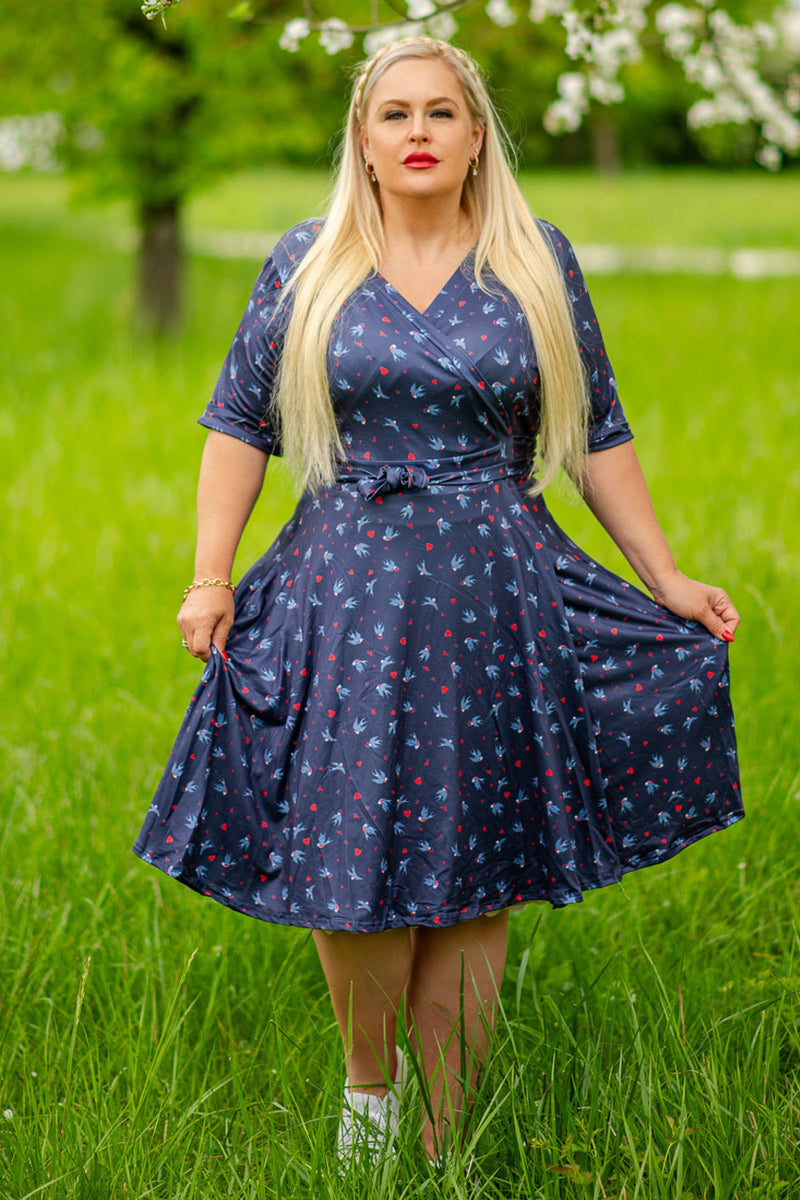 Matilda Navy Blue and Heart Swallow Knit Wrap Dress