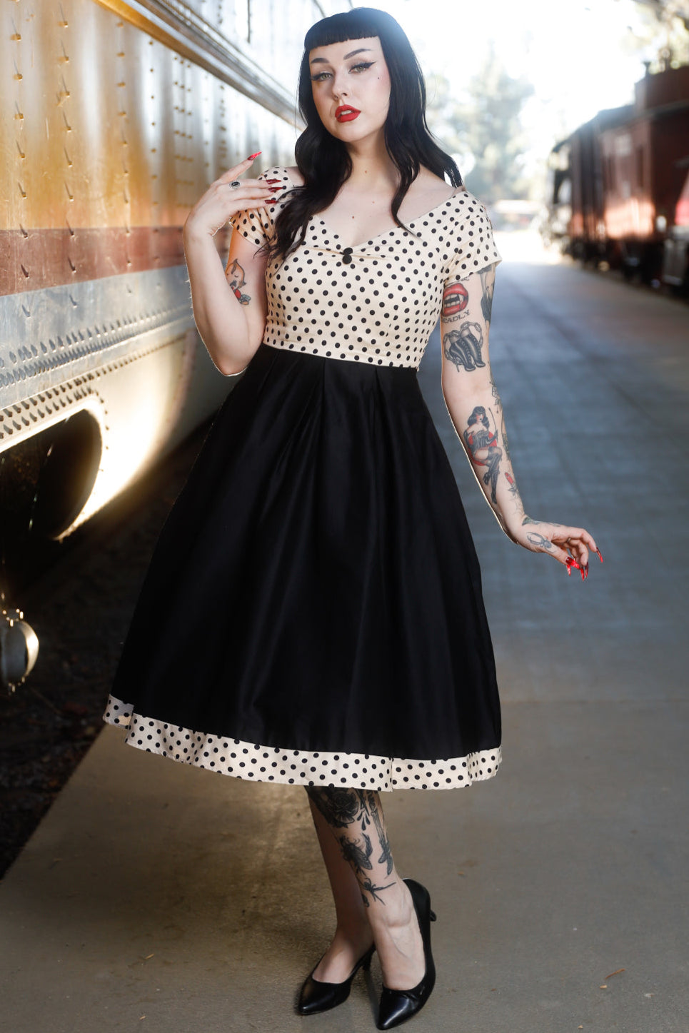Lily Off Shoulder Cream Polka Dot Swing Dress
