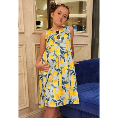 Children Amanda Light Blue Lemon Print Dress
