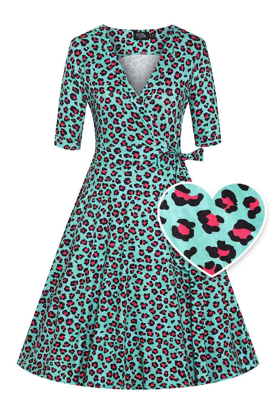 Front view of Leopard Print Wrap Dress In Green