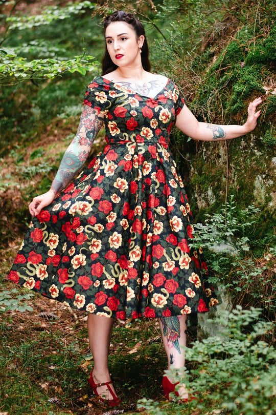 Lily Black Rockabilly Snake & Rose Off Shoulder Dress