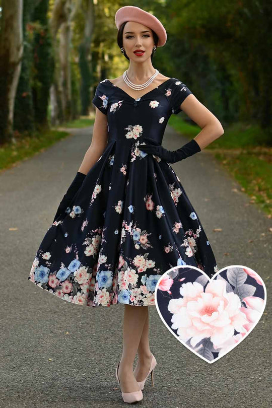 Lily Navy Garden Off-Shoulder Floral Dress