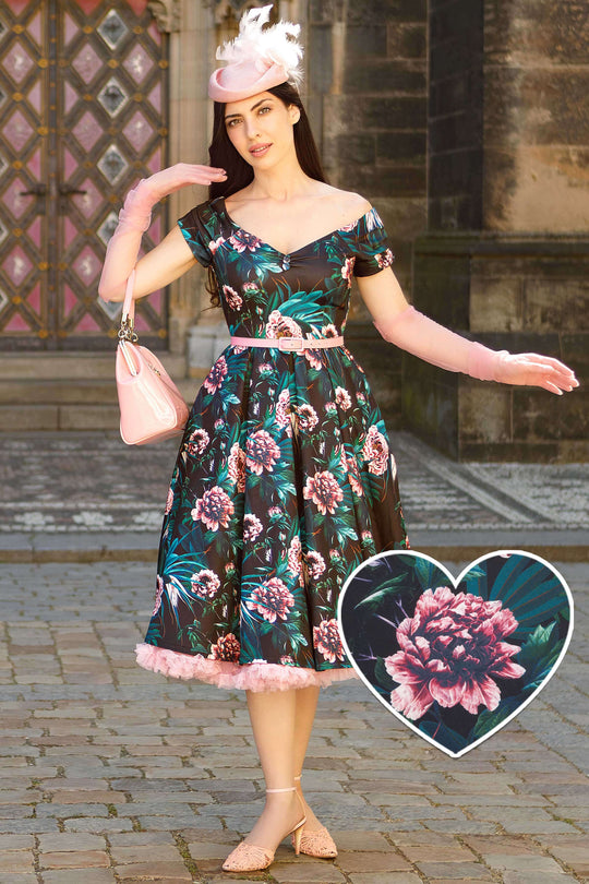 Lily Off Shoulder Black Garden Swing Dress