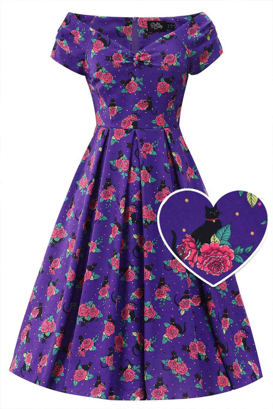Lily Purple Vintage Cat & Rose Off Shoulder Dress