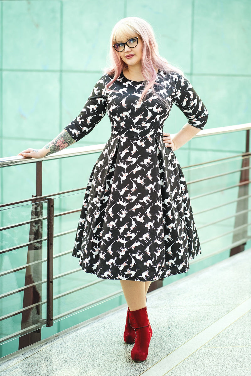 PRE ORDER Beatrix Long Sleeved Midi Dress in Black Cat Print