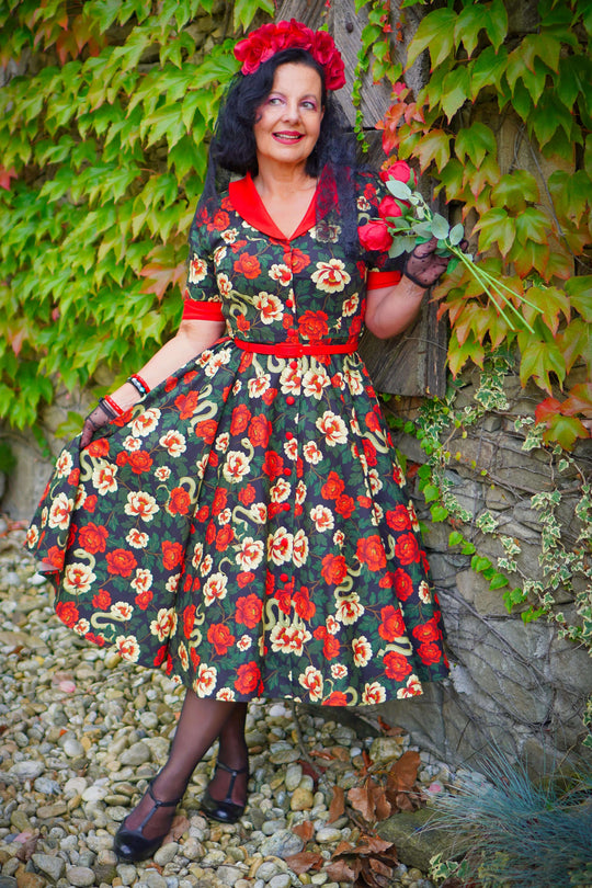 Mollie Black Snake & Rose Midi Shirt Dress