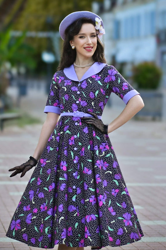 Mollie Purple Floral Full Circle Midi Shirt Dress